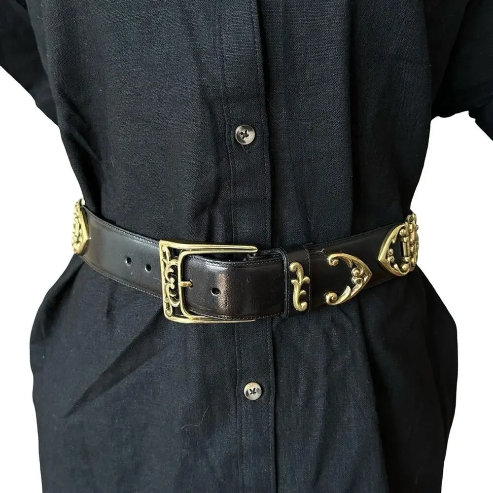 Brighton Black Leather Belt Antique Gold Open Scrollwork Panel Links Size MEDIUM